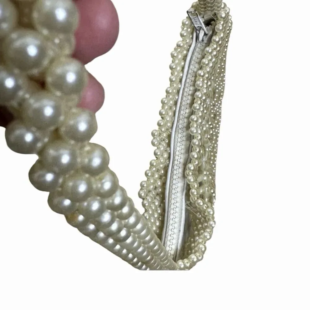 Faux Pearl Purse Bag Single Handle Zip Top Ivory